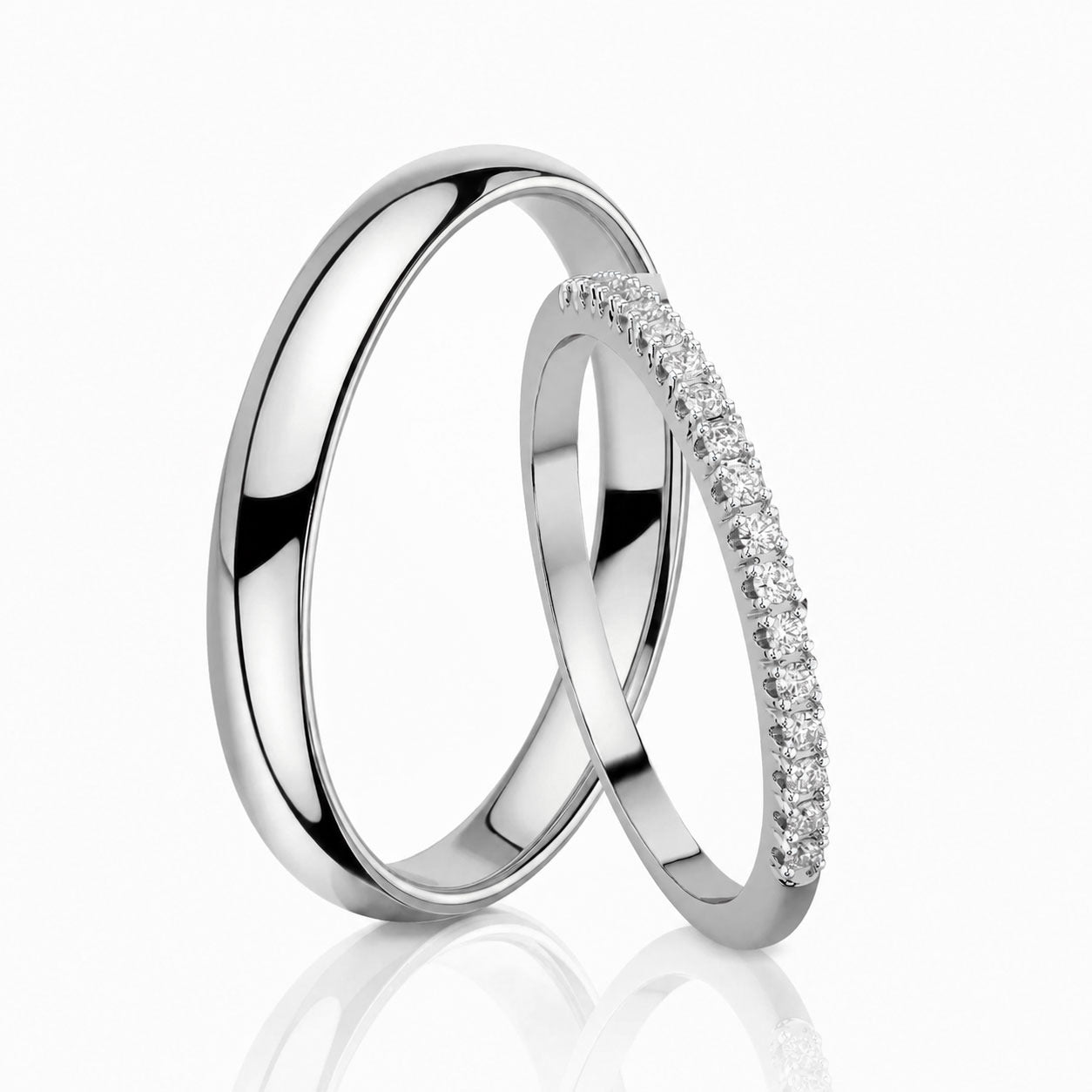 Zlaté obrúčky s diamantmi, pár - hladká 3 mm a diamantová obrúčka, biele zlato